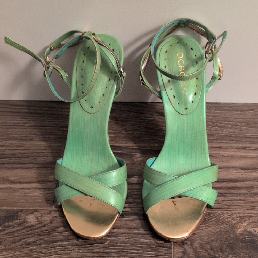 BCBGirls Green and Gold Strappy Heels